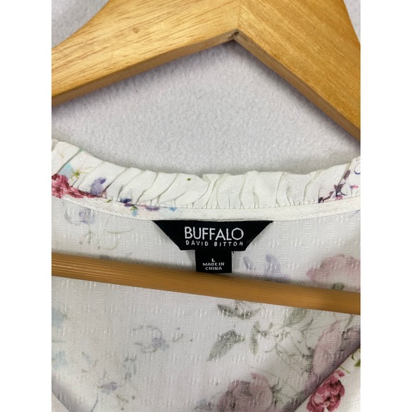 Buffalo David Bitton Floral Blouse Womens Size L Short Sleeve Tie Neck Top - Picture 5 of 8